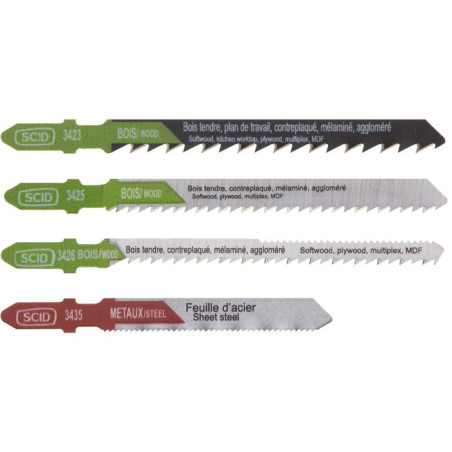 Assortiment 4 lames de scie sauteuse accroche en T SCID - Chrome vanadium et HSS