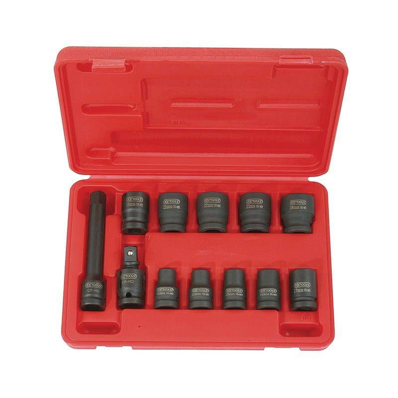 VASOS DE IMPACTO DE 6 PUNTOS DE 1/2" JUEGO DE 10 A 24 MM DE 12 PIEZAS