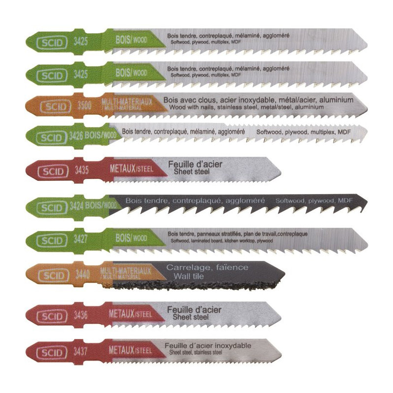 Variedad de 10 hojas de sierra cuadriguadora SCID T-hung - Cromo, Vanadio y HSS