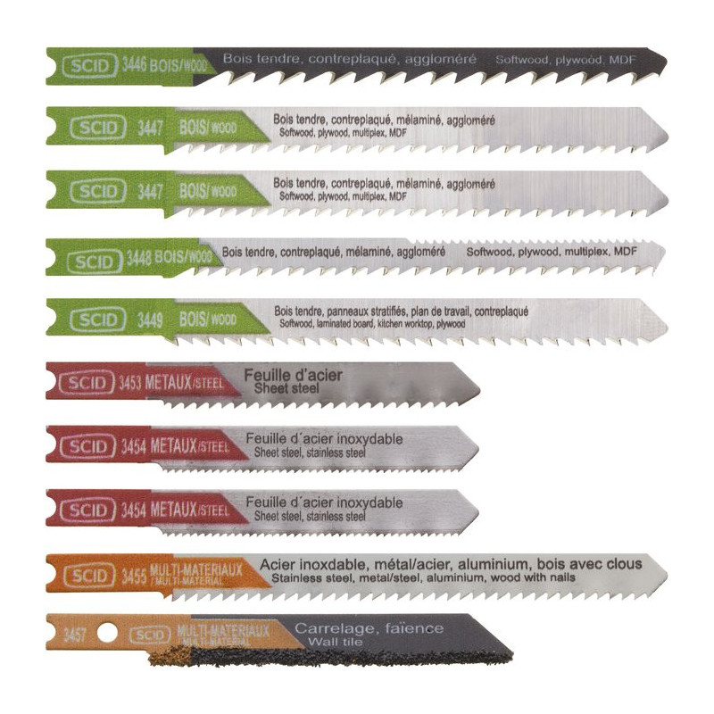 Assortiment 10 lames de scie sauteuse accroche en U SCID - Chrome vanadium et HSS