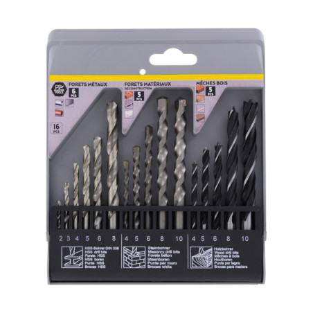 Set di punte per trapano Master Tools, legno, metallo e cemento - 16 pezzi