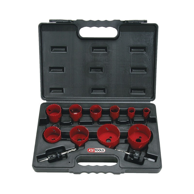 SEGHE A BOTTA DA 19 A 67 MM + 2 MANDRINI + 1 SET DI ESTENSIONE DA 10 SEGHE KS TOOLS
