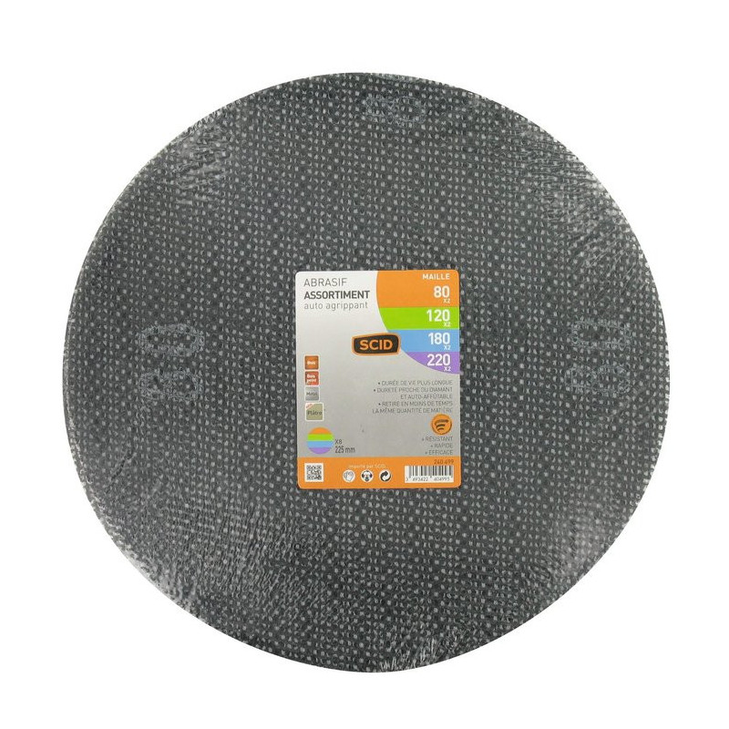 Mesh Disc – SCID – Durchmesser 225 mm – Hook & Loop – Körnung 80, 120, 180, 220 – Verkauft als 8