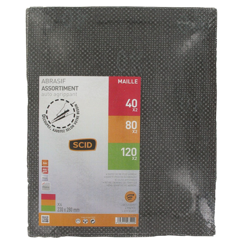 Foglio a rete - SCID - Gancio e anello - 230 x 280 mm - Grana 40, 80, 120 - Venduto come 6