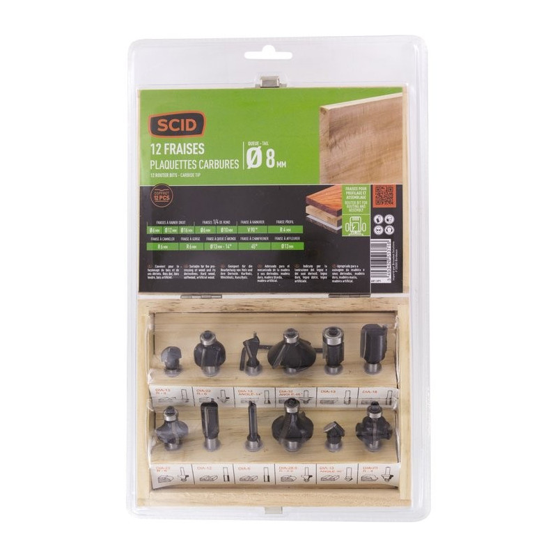 Houten set van 12 snijders voor SCID-frees - schachtdiameter 8 mm