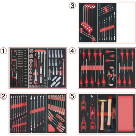 Composizione utensili a 5 cassetti per carrello 198 pezzi