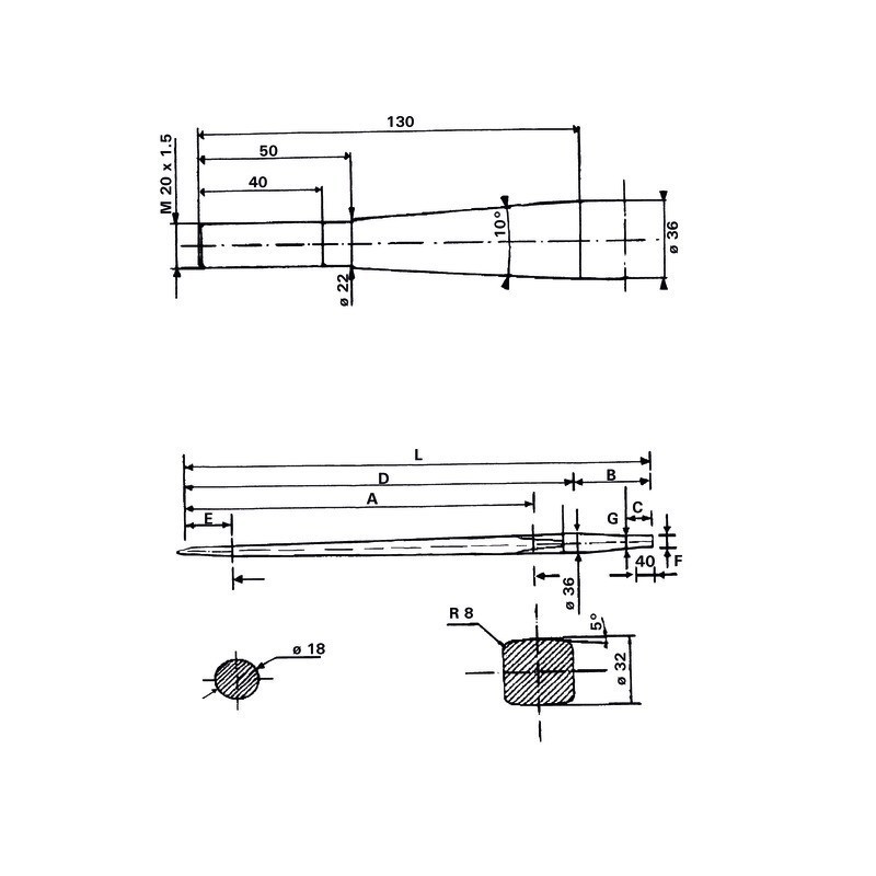 DENTE DELLA FORCELLA Ø36 LG 800 M22X1.5 CL PROFILO QUADRATO