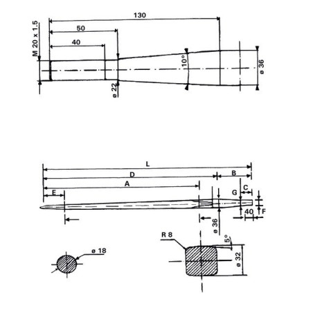 GABELZAHN Ø36 LG 800 M22X1,5 CL QUADRATPROFIL