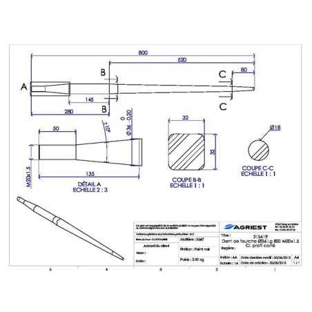 PROFILO DENTE A FORCELLA Ø36 LG 800 M20X1.5 CL