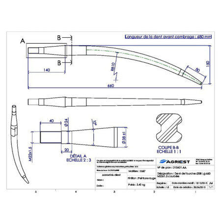 DIENTE DE HORQUILLA Ø38 LG 660 M22X1.5 CURVADO