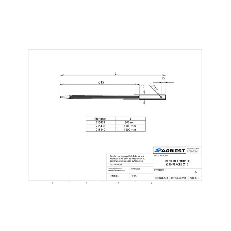 DENTE DELLA FORCELLA Ø36 LG 800 ALESAGGIO Ø12