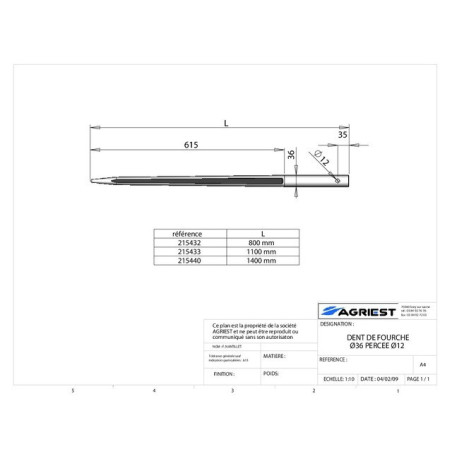 DENTE DELLA FORCELLA Ø36 LG 800 ALESAGGIO Ø12