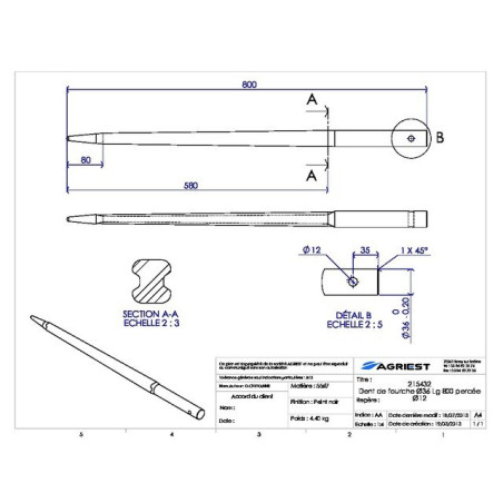 DENTE DELLA FORCELLA Ø36 LG 800 ALESAGGIO Ø12