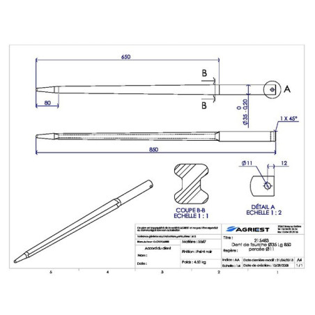 DENTE DELLA FORCHETTA Ø35 LG 850 FORATO Ø11