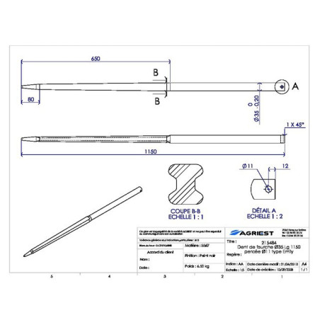 DENTE DELLA FORCELLA Ø35 LG 1150 TIPO E PERFORATO