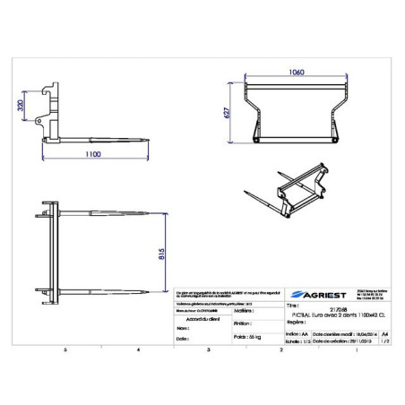 PIC'BAL EURO MIT 2 ZINKEN 1100X42 CL GRAU