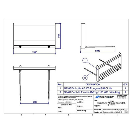 PIC BOTTE AP 900 AVEC 2 DENTS Ø42 LG 1100 CL