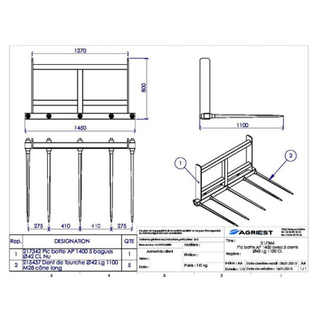 PIC BOTTE AP 1400 AVEC 5 DENTS Ø42 LG 1100 CL L