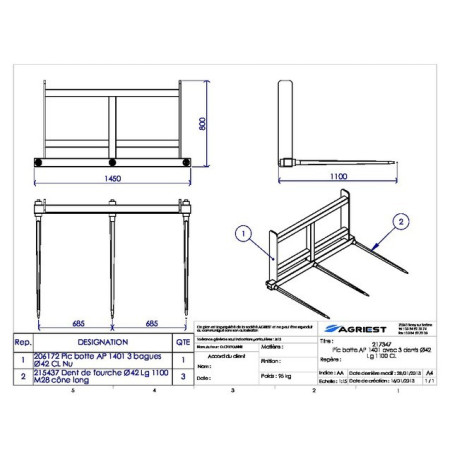 PIC BOTTE AP 1401 AVEC 3 DENTS Ø42 LG 1100 CL L