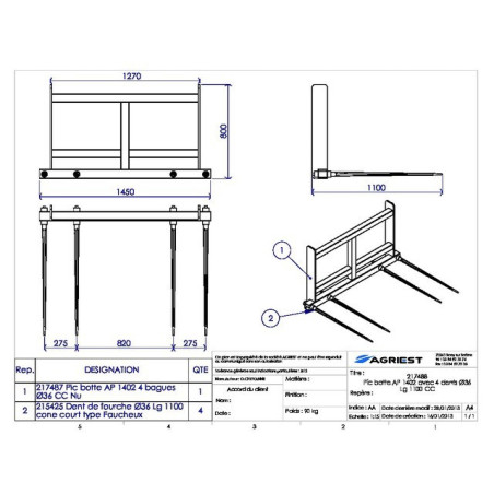 PIC BOTTE AP 1402 AVEC 4 DENTS Ø42 LG 1100 CL L