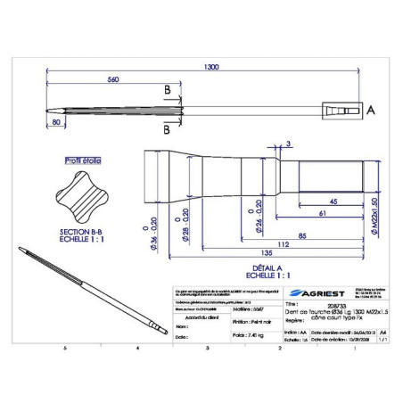 DENT DE FOURCHE Ø36 LG 1300 M22X1.5 CC PROFIL T TYPE FX
