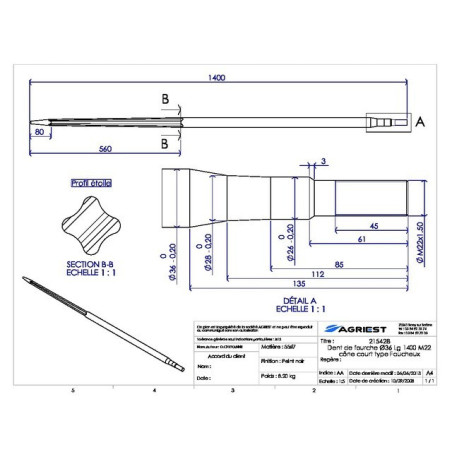 DIENTE DE HORQUILLA Ø36 LG 1400 M22X1,5 CC PERFIL RT TIPO FX