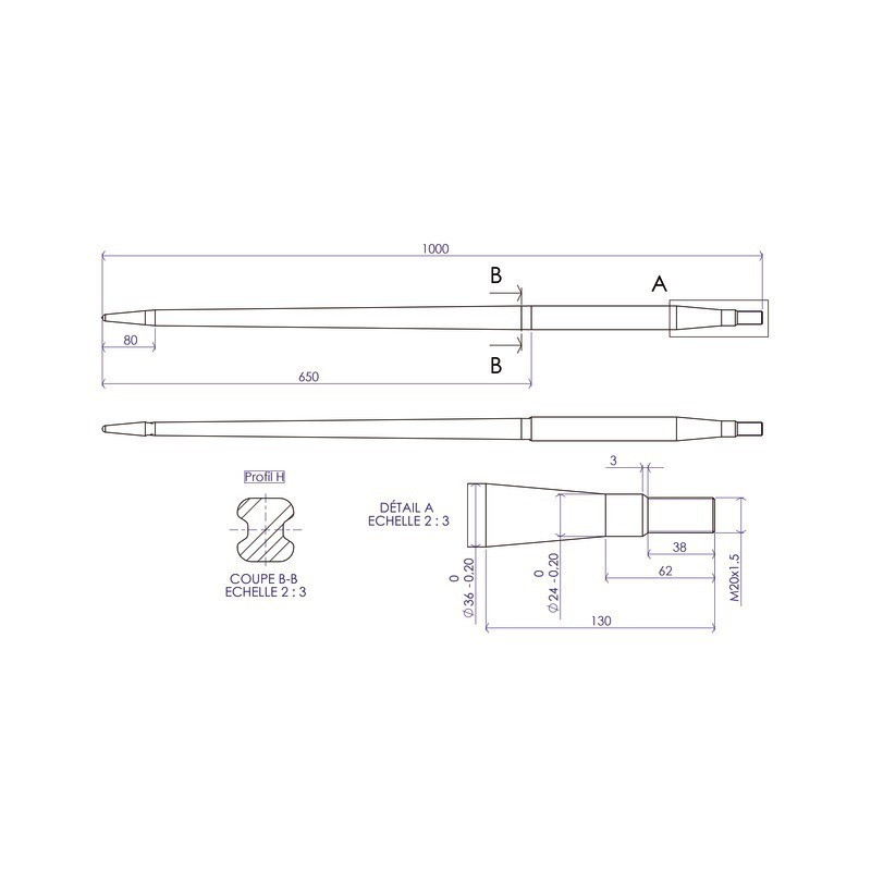 DENTE DELLA FORCELLA Ø36 LG 1000 M20X1.5 CL LL PRO G LL