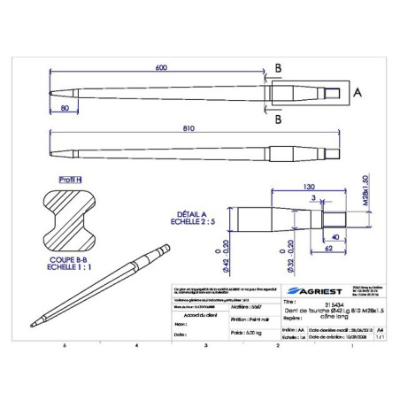 DIENTE DE HORQUILLA Ø42 LG 810 M28X1.5 CL PERFIL