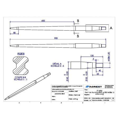 PROFILO DENTE DELLA FORCELLA Ø42 LG 900 M28X1.5 CL