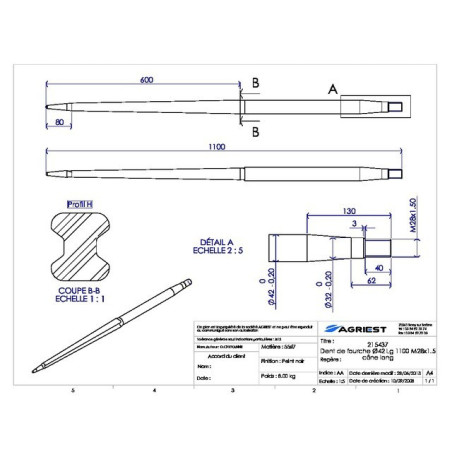 DENT DE FOURCHE Ø42 LG 1100 M28X1.5 CL PROFIL
