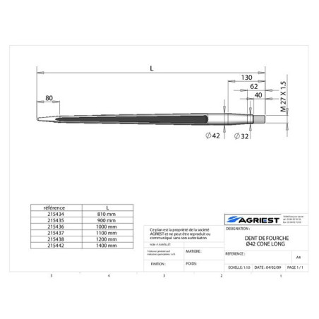 GABELZAHN Ø42 LG 1100 M28X1,5 CL PROFIL