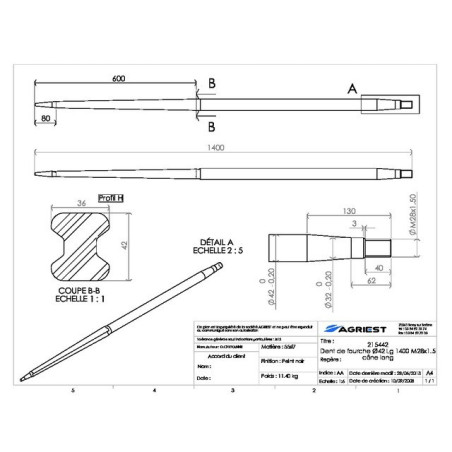 PROFILO DENTE DELLA FORCELLA Ø42 LG 1400 M28X1.5 CL