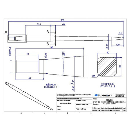DIENTE DE HORQUILLA Ø45 LG 980 M28X1.5 CL PERFIL CUADRADO