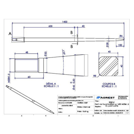 DIENTE DE HORQUILLA Ø45 LG 1400 M28X1.5 CL PERFIL CUADRADO