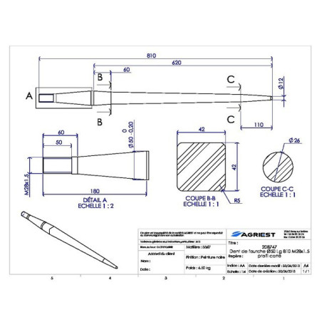 VORK-TAND Ø50 LG 820 M28X1.5 PROFIEL