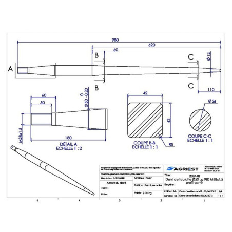 GABELZAHN Ø50 LG 980 M28X1.5 PROFILWAGEN