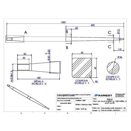 DIENTE DE HORQUILLA Ø50 LG 1250 M28X1.5 PERFIL CA RRE