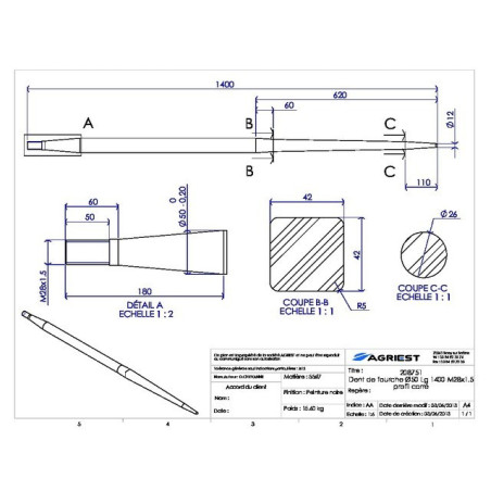 GABELZAHN Ø50 LG 1400 M28X1.5 PROFIL
