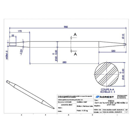 VORK-TAND Ø50 LG 980 M28X1.5 LIS-PROFIEL