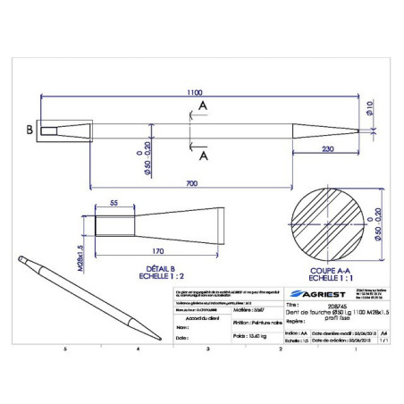 GABELZAHN Ø50 LG 1100 M28X1.5 PROFIL LISSE