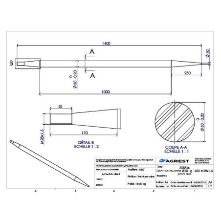 VORKTAND Ø50 LG 1400 M28X1.5 PROFIEL LISSE