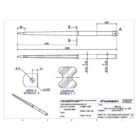 DIENTE DE HORQUILLA Ø42/40 LG 1000 PERFORADO Ø12