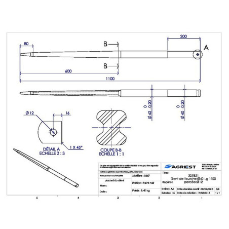 DENTE DELLA FORCELLA Ø42/40 LG 1100 FORATO Ø12