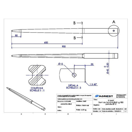 DIENTE DE HORQUILLA Ø42 LG 900 PERFORADO Ø12