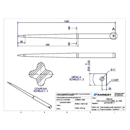 DENTE DELLA FORCELLA Ø50 LG 1050 FORATO Ø17