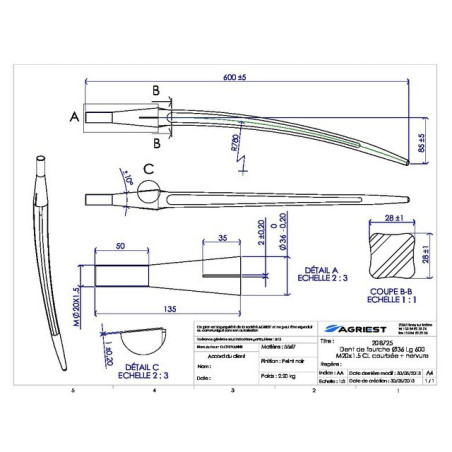 DENTE A FORCELLA Ø36 LG 600 M20X1.5 CL CURVO + COSTOLA