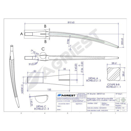 GABELZAHN Ø36 LG 810 M20X1,5 CL GEBOGENE ERURE