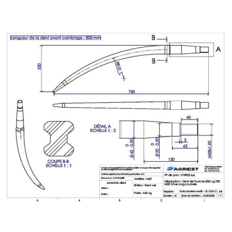 DENT DE FOURCHE Ø42 LG 750 M28X1.5 CL COURBEE RBEE