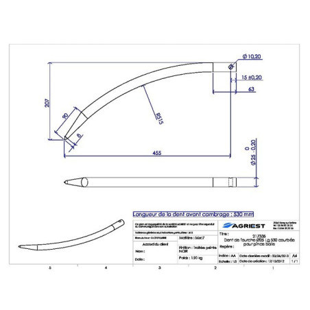 DIENTE DE HORQUILLA Ø25 LG 530 CURVADO PARA LA ABRAZADERA B ALLE