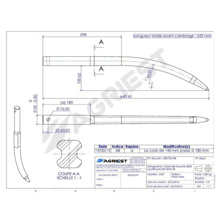 Ø35 LG 640 DIENTE DE HORQUILLA Ø10,5 EE CURVADO
